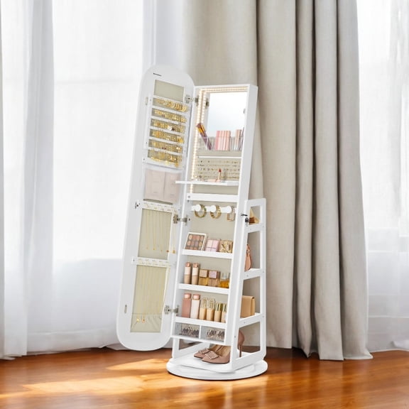 LEDREM 360°Swivel LED Jewelry Cabinet - Full-Length Mirror with 200+ Storage, Lockable Drawers & Makeup Vanity, Cloud White