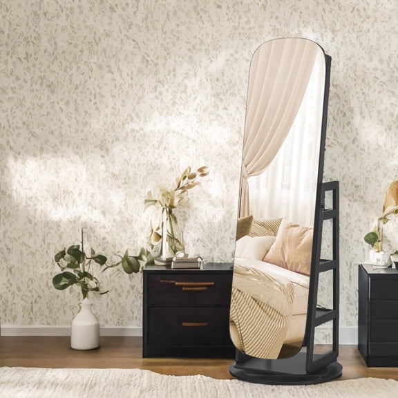 LEDREM 360°Swivel LED Jewelry Cabinet - Full-Length Mirror with 200+ Storage Slots, Lockable Drawers & Makeup Vanity, Ebony Black