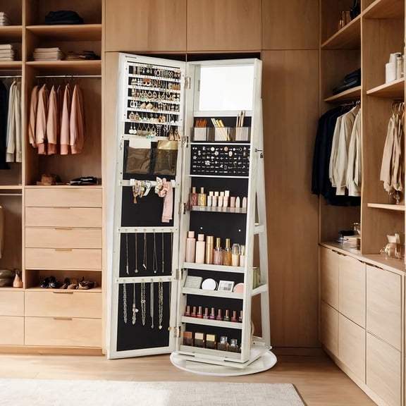 LEDREM 360° Rotation Jewelry Armoire With Lock, Full Length Mirror Cabinet, 120 Earring Slots, 12 Necklace Hooks, 78 Ring Slots, Storage Rack On Back