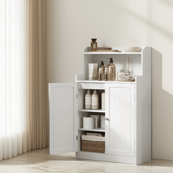 LEDREM 39.4 Inch Bathroom Storage Cabinet, Freestanding Floor Organizer with Doors and Adjustable Shelves, White