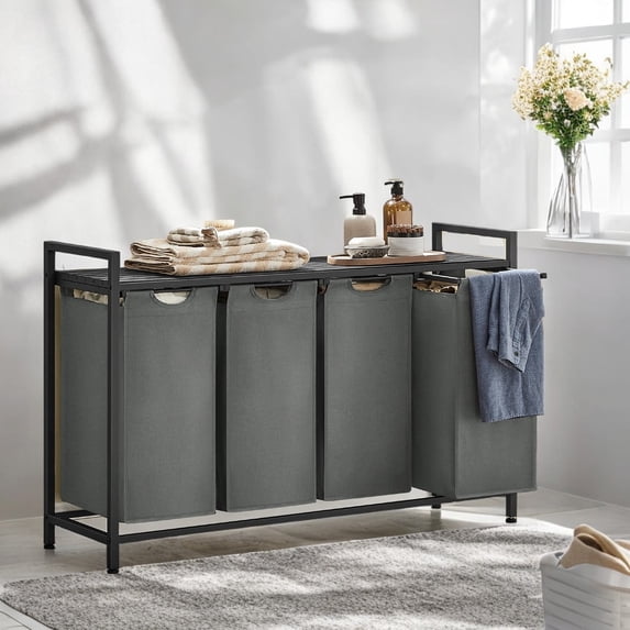 LEDREM 4-Compartment Laundry Sorter with Shelf, 42.2 Gallon Capacity, Removable Bags & Steel Frame, Slate Gray and Charcoal Gray