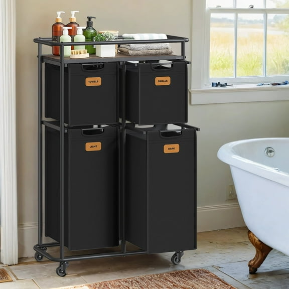 LEDREM 4-Compartment Rolling Laundry Sorter, 39.6 Gal Capacity with Shelf & 6 Labels, Steel Frame, Removable Liners, Ink Black and Chestnut Brown