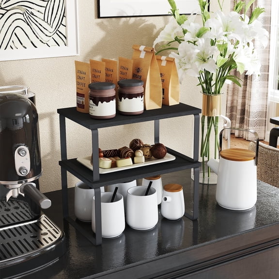 LEDREM 4-Pack Kitchen Organizer Shelves - Stackable, 33lb Capacity, Adjustable Storage Rack, Metal/Wood, Ink Black and Ebony Black