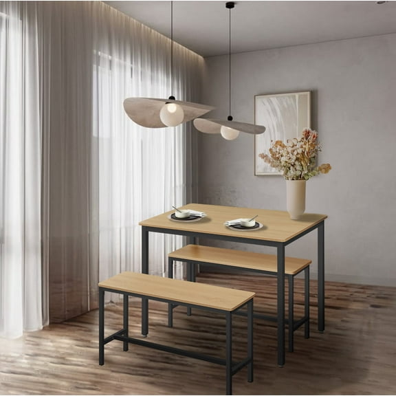 LEDREM 4-Person Dining Set - Space-Saving Table & 2 Benches, Easy Assembly, 43.3"L Table, 38.2"L Benches, Golden Oak and Black