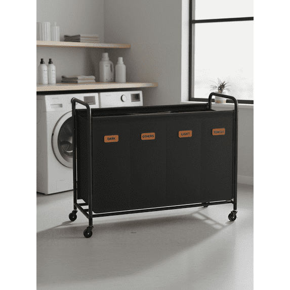 LEDREM 4-Section Laundry Sorter with Wheels, 52.8 Gallon Rolling Hamper with Removable Bags for Laundry Room and Bedroom, Ink Black