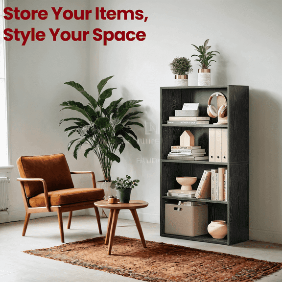 LEDREM 4-Tier Adjustable Bookcase, Open Bookshelf, Storage Shelf Organizer, 22lb Capacity per Shelf, for Home, Office, Ebony Black