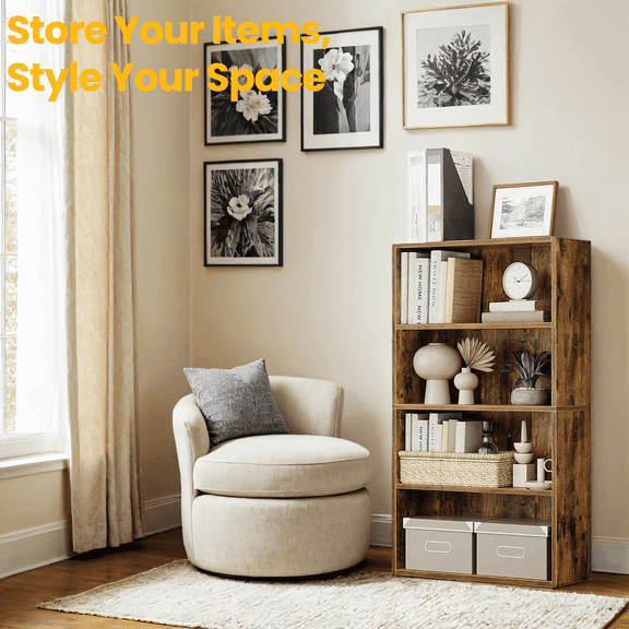 LEDREM 4-Tier Adjustable Bookcase, Open Bookshelf, Storage Shelf Organizer, 22lb Capacity per Shelf, for Home, Office, Rustic Brown