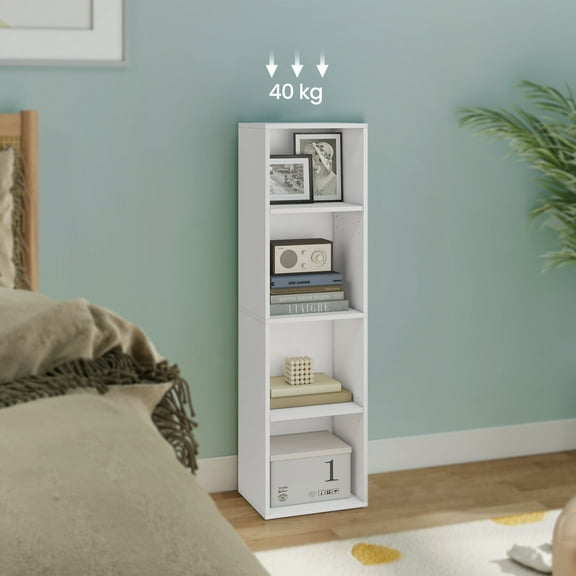 LEDREM 4-Tier Bookshelf with Adjustable Open Compartments, Slim Vertical Bookcase for Corner Storage, Stable H-Frame Structure, Easy Assembly, for Living Room or Home Office, Cloud White