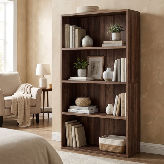 LEDREM 4-Tier Bookshelf, Open Storage Bookcase with Adjustable Shelves, 23.6" Wide, for Living Room Home Office, Natural Walnut