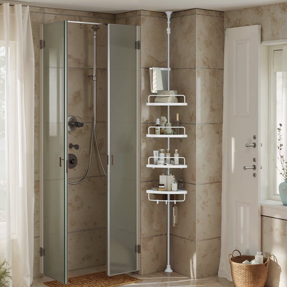 LEDREM 4-Tier Corner Shower Caddy Tension Pole, Height Adjustable Shower Organizer with Trays and Hooks, Drill-Free for Bathroom, Cloud White