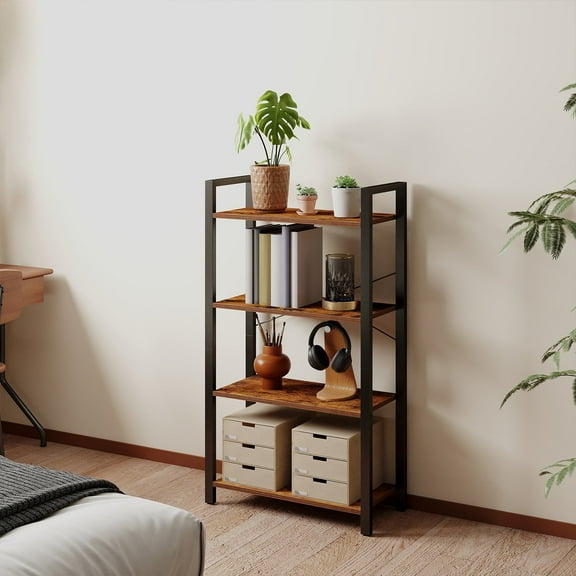 LEDREM 4-Tier Industrial Bookshelf, 26" Steel Frame Bookcase with X-Brace Support, Space-Saving Shelf for Home, Office, Rustic Brown and Black
