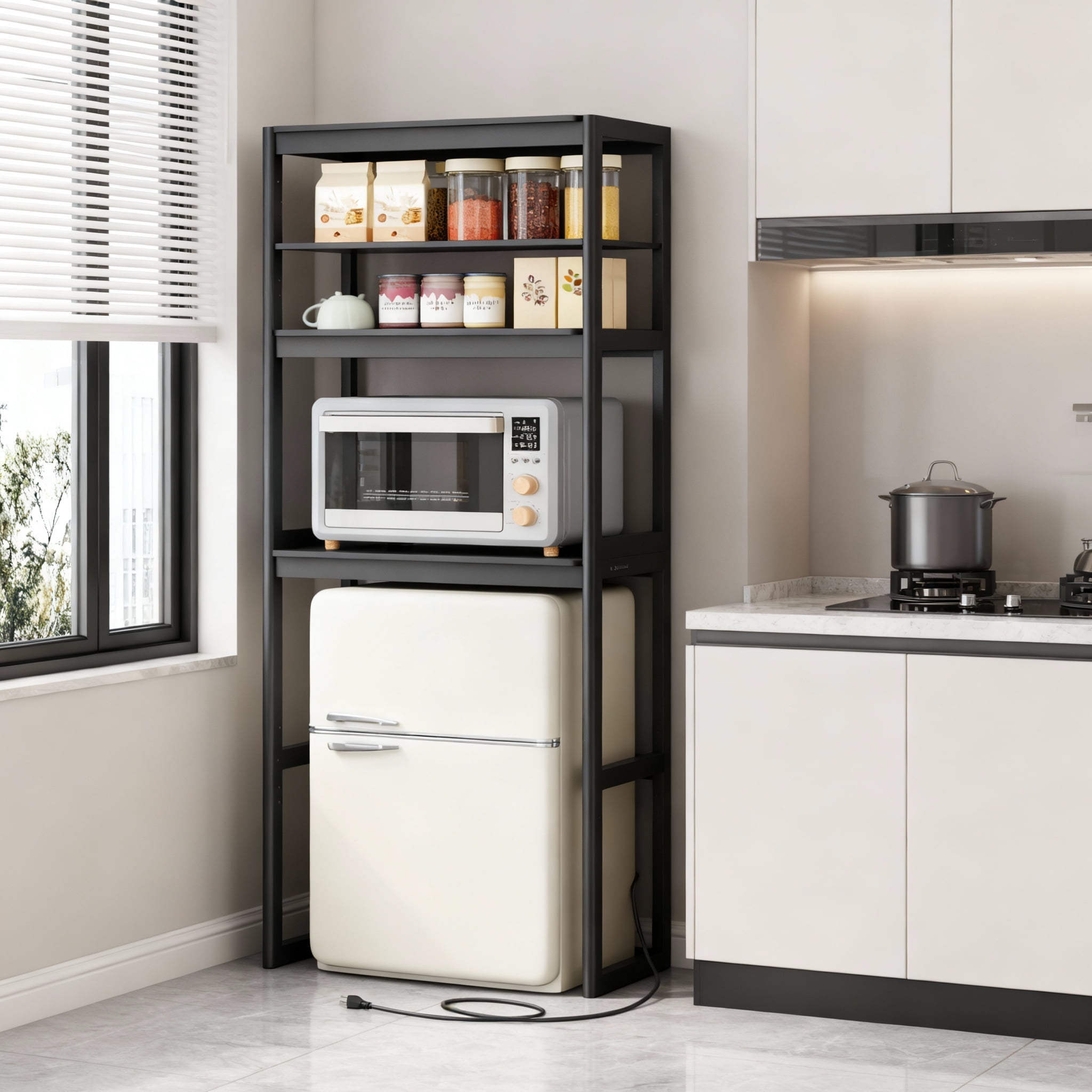 LEDREM 4-Tier Kitchen Bakers Rack with Power Outlet & Adjustable Shelf, Mini Fridge and Microwave Stand, 66.9 Inch Height, Ink Black