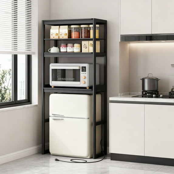 LEDREM 4-Tier Kitchen Bakers Rack with Power Outlet & Adjustable Shelf, Mini Fridge and Microwave Stand, 66.9 Inch Height, Ink Black