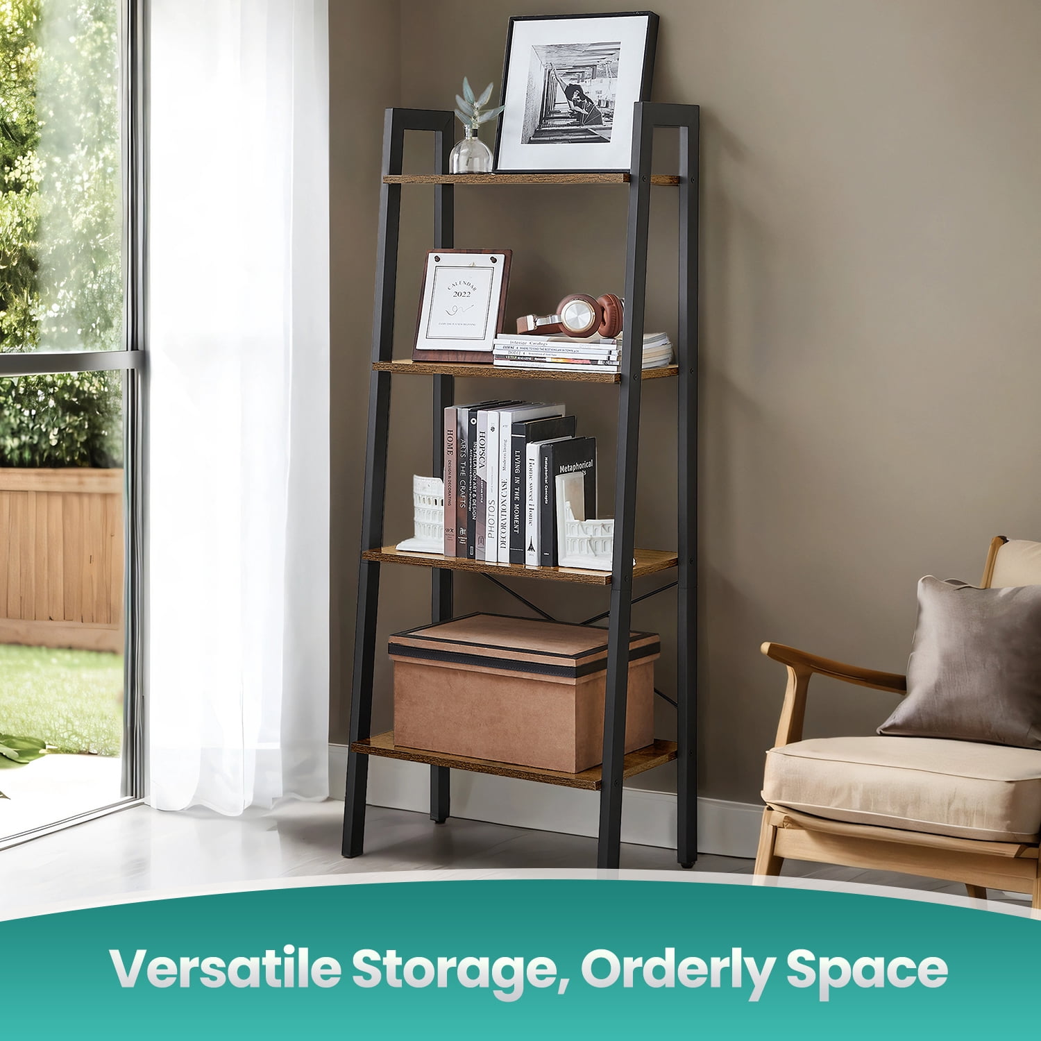 LEDREM 4-Tier Ladder Shelf Heavy Duty Storage Shelf with Steel Frame, Storage Rack Bookshelf for Home, Office, Rustic Brown and Black