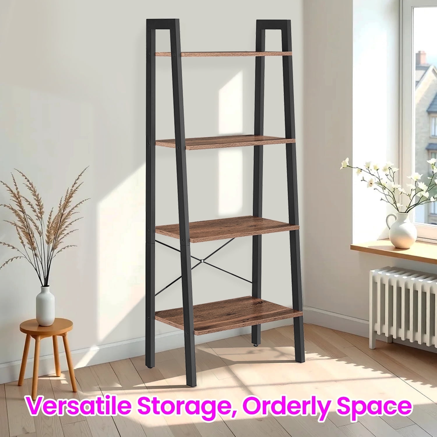 LEDREM 4-Tier Ladder Shelf Heavy Duty Storage Shelf with Steel Frame, Storage Rack Bookshelf for Home, Office, Hazelnut Brown and Ink Black