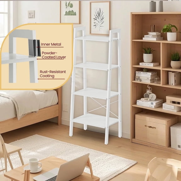 LEDREM 4-Tier Ladder Shelf with Steel Frame, 13.6\"D x 22\"W Storage Rack for Living Room, Home Office & Kitchen, Industrial Style, Maple White and Pearl White