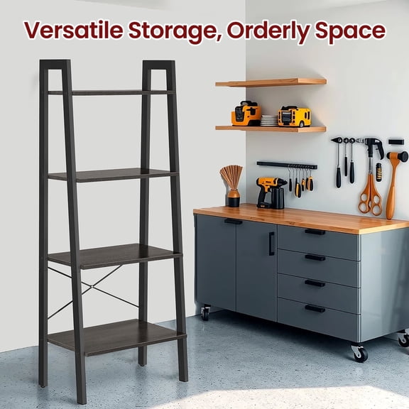 LEDREM 4-Tier Ladder Shelf Heavy Duty Storage Shelf with Steel Frame, Storage Rack Bookshelf for Home, Office, Charcoal Gray and Ink Black