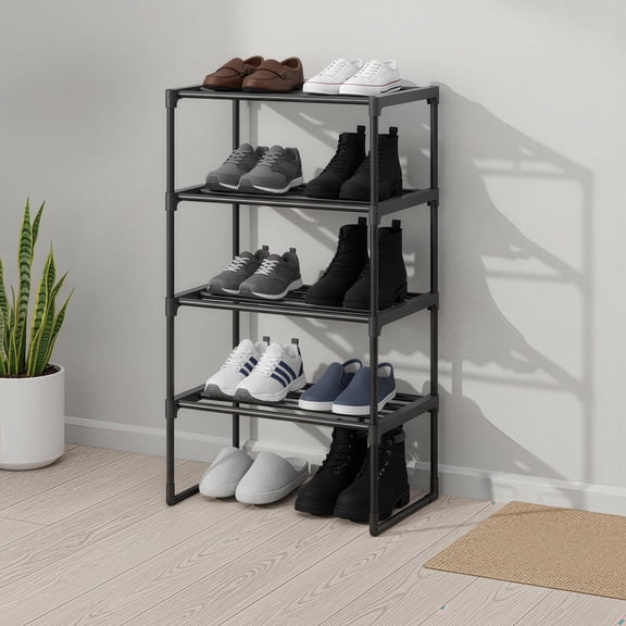 LEDREM 4-Tier Metal Shoe Rack, Stackable Shoe Organizer Shelf for 5-10 Pairs, Upright or Upside Down for Entryway, 16.7 x 28.2 Inches, Black