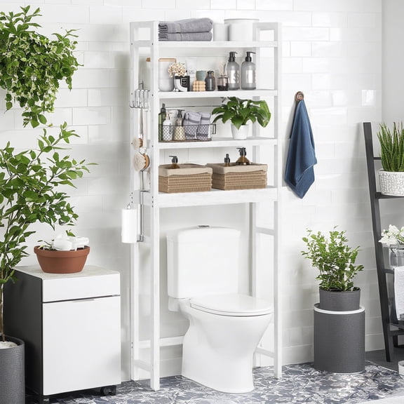 LEDREM 4-Tier over the Toilet Bathroom Storage Organizer with Adjustable Shelves, Hooks, and Toilet Paper Holder, Space-Saving Rack, Cloud White