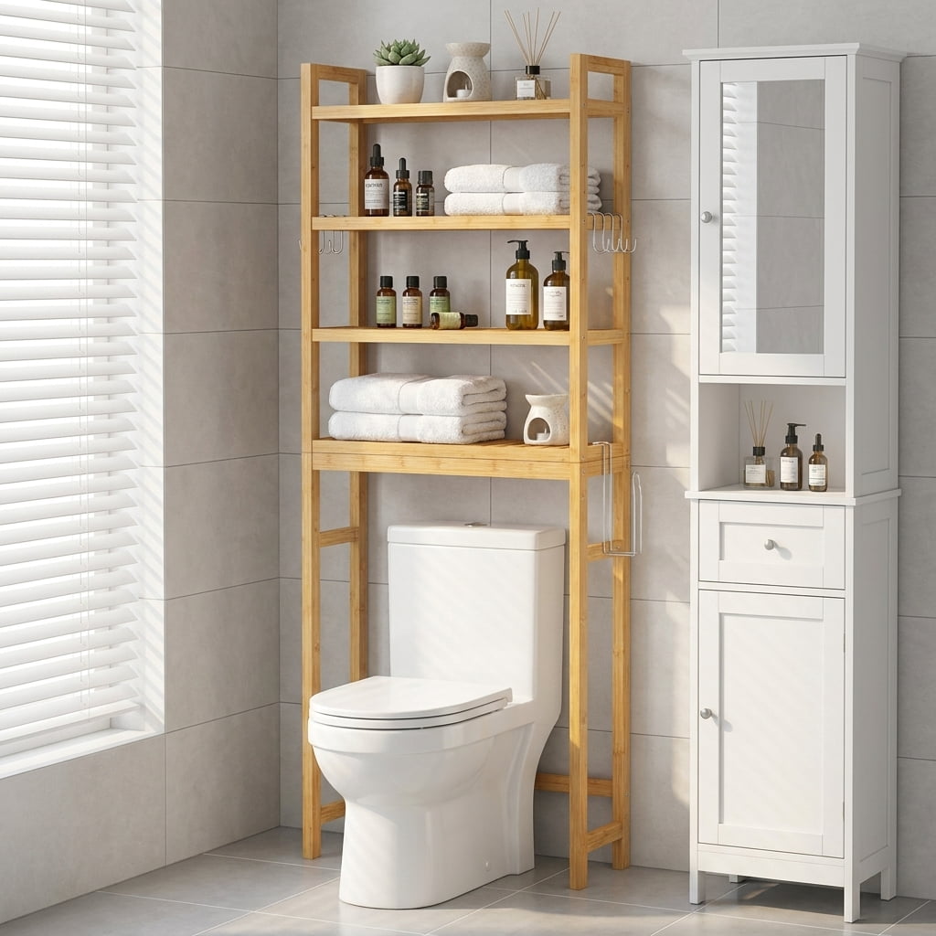 LEDREM 4-Tier over-the-Toilet Bathroom Storage Organizer with Adjustable Shelves, Hooks, and Toilet Paper Holder, Space-Saving Rack, Natural Beige