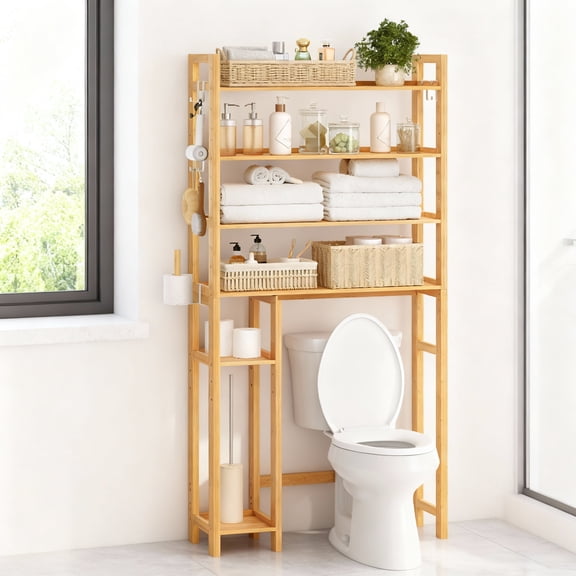 LEDREM 4-Tier over-the-Toilet Bathroom Storage Organizer with Adjustable Shelves, Hooks, and Toilet Paper Holder, Space-Saving Rack, Natural Beige