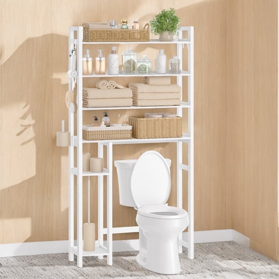 LEDREM 4-Tier Over-The-Toilet Storage Organizer with Adjustable Shelves & Hooks, Bamboo Bathroom Shelving Unit, Space-Saving Design, Cloud White