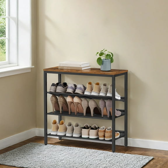 4-Tier Shoe Rack Organizer,Adjustable Mesh Shelves,Freestanding,Heavy-Duty Steel&Particleboard,Holds 12-15 Pairs,Rustic Brown,Black