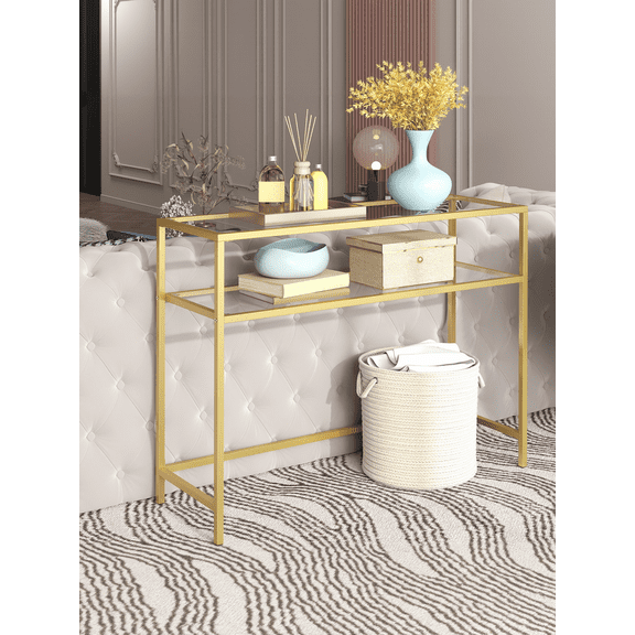 LEDREM 4-Tier Slim Bookcase with Tempered Glass Shelves, Steel Frame Shelving Unit for Bedroom and Office, Metallic Gold