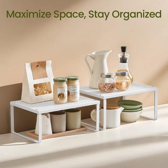 LEDREM 4-Tier Stackable Shelf Organizer - Metal Spice Rack for Cabinet & Countertop, Space Saving Design, Holds 22lbs, Adjustable, White