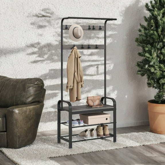 LEDREM Hall Tree with Shoe Storage Bench, 9 Hooks Coat Rack Organizer for Entryway Livingroom, Gray
