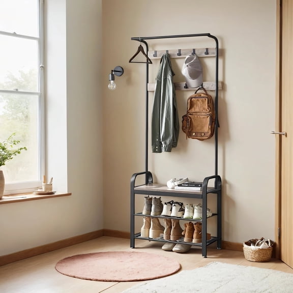 LEDREM Hall Tree with Shoe Storage Bench, 9 Hooks Coat Rack Organizer for Modern Entryway Livingroom, Greige and Black
