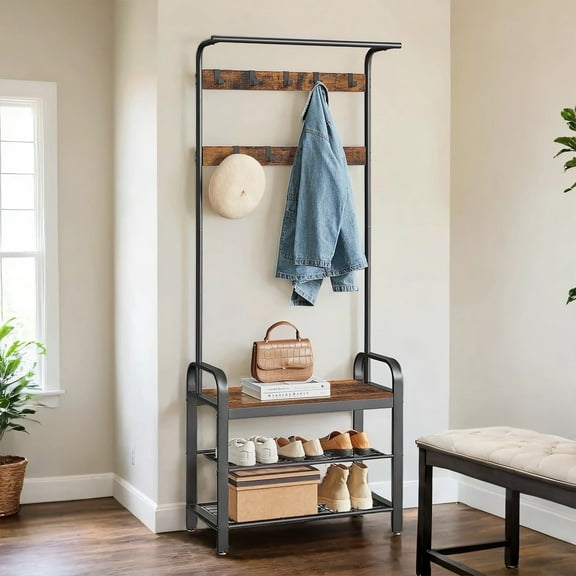 Ledrem Hall Tree with Shoe Storage Bench, 9 Hooks Coat Rack Organizer, Rustic Brown and Black