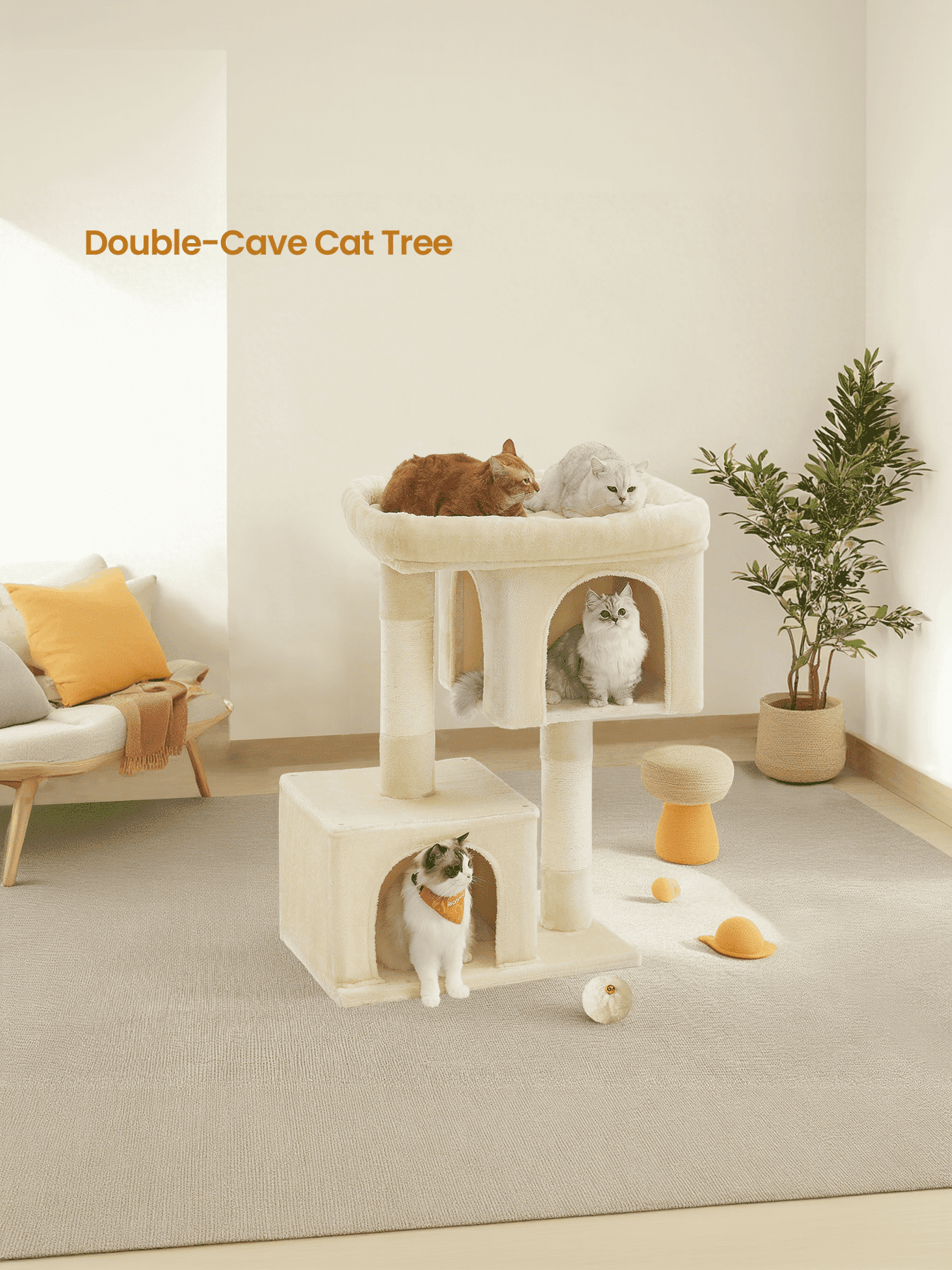 LEDREM 40.6-Inch Cat Tree Tower for Extra Large Cats up to 44 lb, Plush Condo with Large Perch & 3 Caves, Scratching Posts, Beige