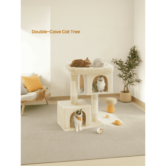 LEDREM 40.6-Inch Cat Tree Tower for Extra Large Cats up to 44 lb, Plush Condo with Large Perch & 3 Caves, Scratching Posts, Beige