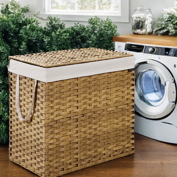LEDREM 42.3-Gal Foldable Laundry Hamper with Lid & Wheels, Removable Liner, Rattan Design, Space-Saving, Goose Yellow