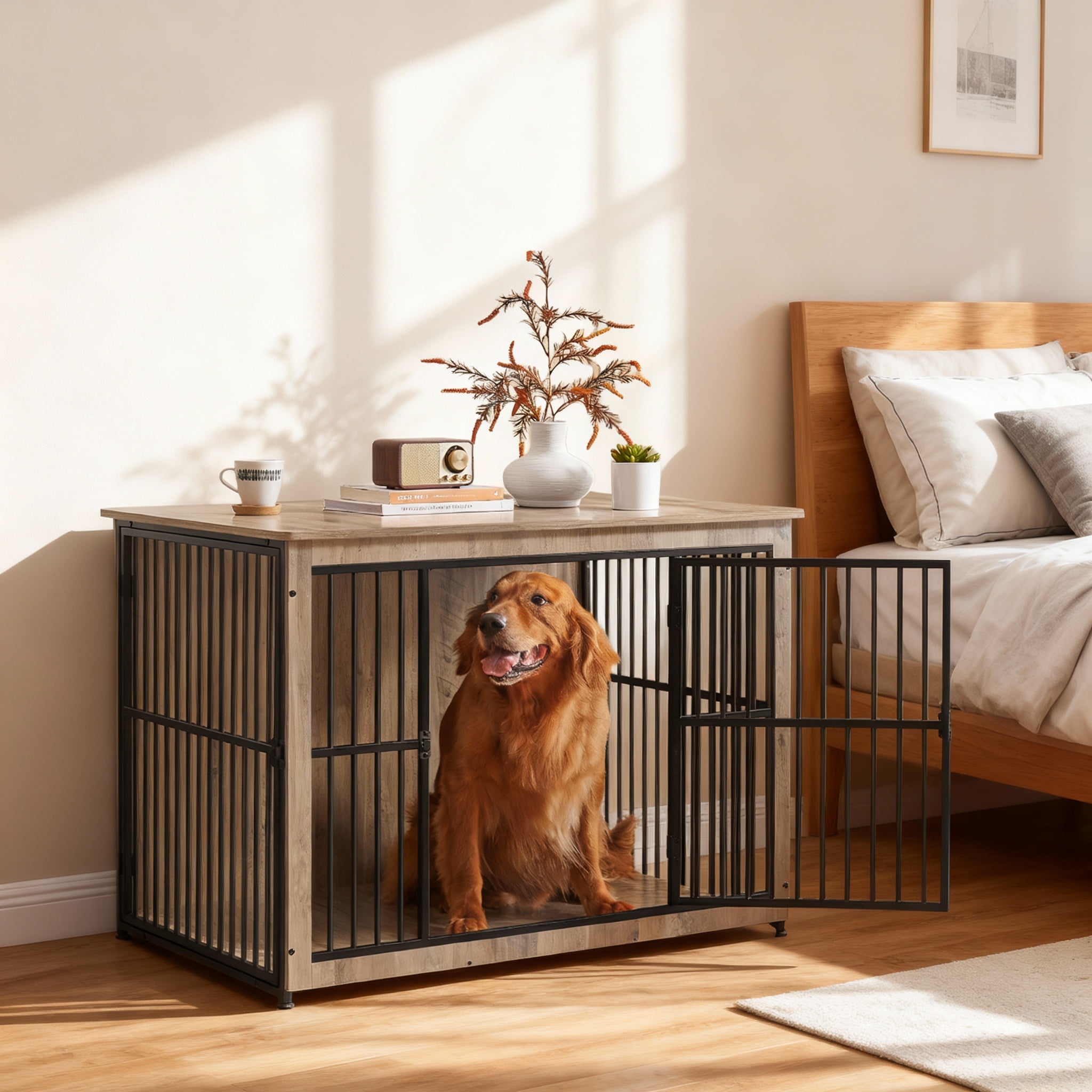 LEDREM 43.3-Inch Double-Door Dog Crate Furniture with Enclosed Base, Heavy-Duty Kennel for Dogs up to 80 lb, Greige
