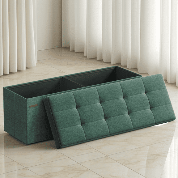 LEDREM 43" Foldable Storage Ottoman Bench with 660lb Capacity, Ottoman with Storage, Footrest, for Living Room, Bedroom, Retro Green