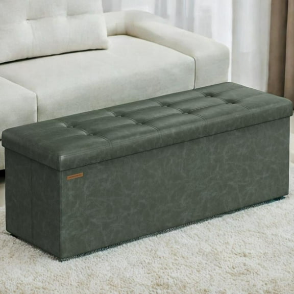 LEDREM 43" Foldable Storage Ottoman Bench, 660lb Capacity, Multifunctional Footrest Stool, Quick Assembly, Synthetic Leather, Forest Green