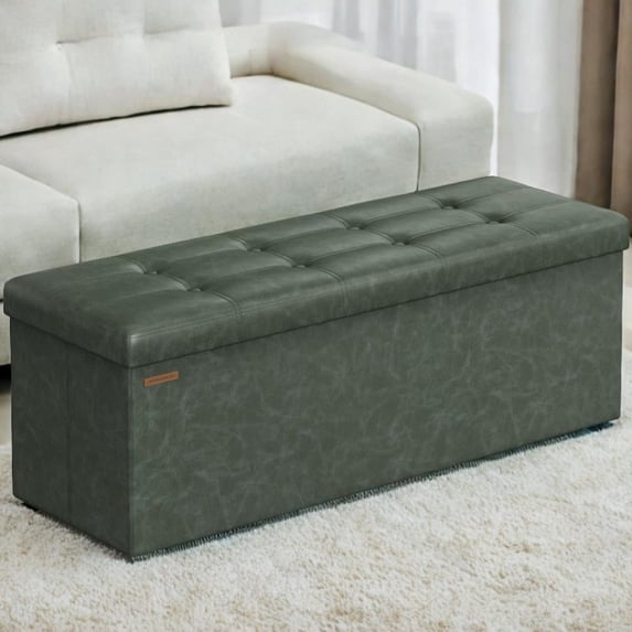 LEDREM 43" Foldable Storage Ottoman Bench, 660lb Capacity, Multifunctional Footrest Stool, Quick Assembly, Synthetic Leather, Forest Green