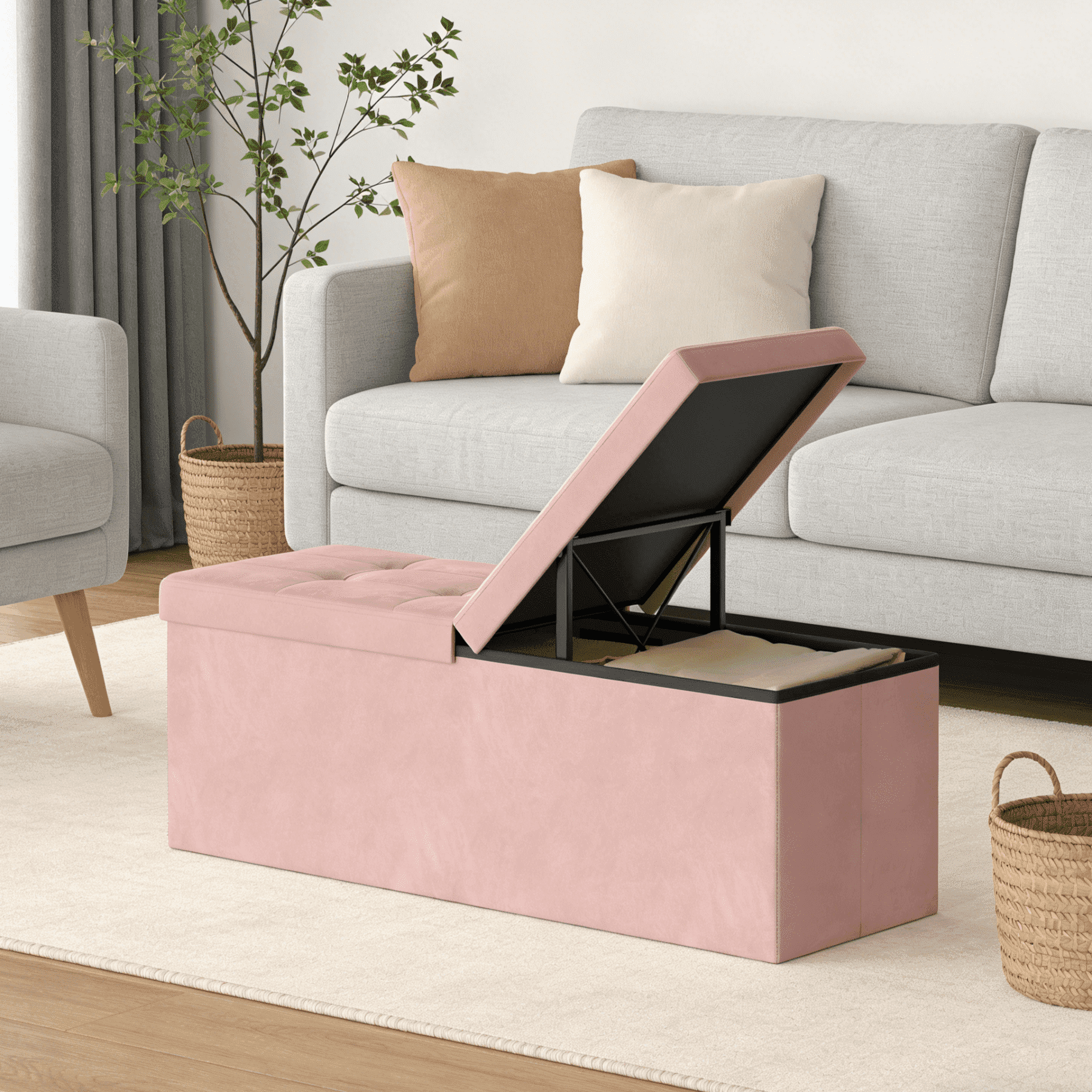 LEDREM 43" Foldable Storage Ottoman Bench with Flipping Lid, MDF Seat with Divider, 660 lb Capacity for Entryway, Living Room, Bedroom, Velvet Footstool, Jelly Pink