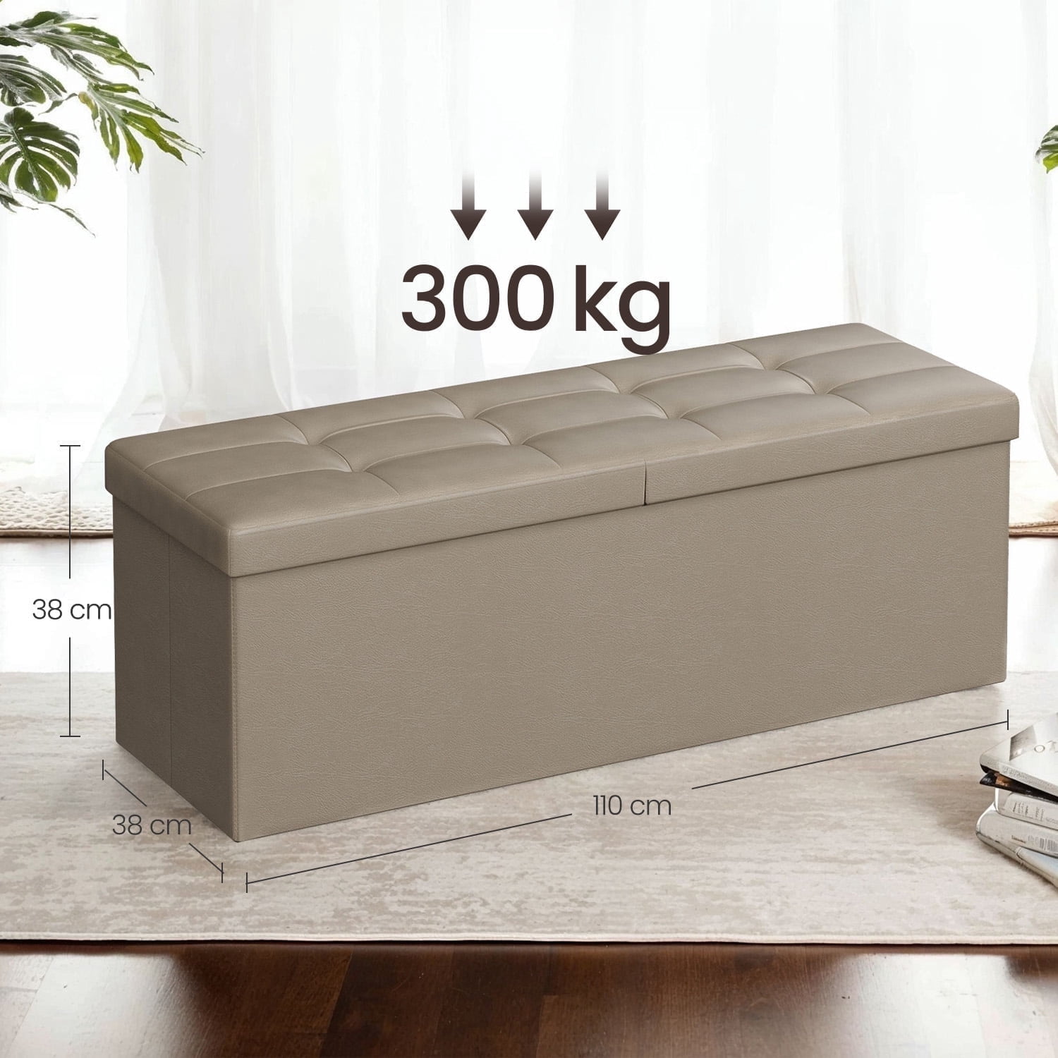 LEDREM Foding Storage Ottoman Bench, 43" Ottoman with Storage, 660lb Capacity, Footrest & Footstool, for Bedroom Living Room Camel Brown