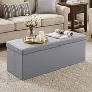 LEDREM 43" Foldable Storage Ottoman Bench, Ottoman with Storage 660lb Capacity, Synthetic Leather Ottoman Footstool, Light Gray