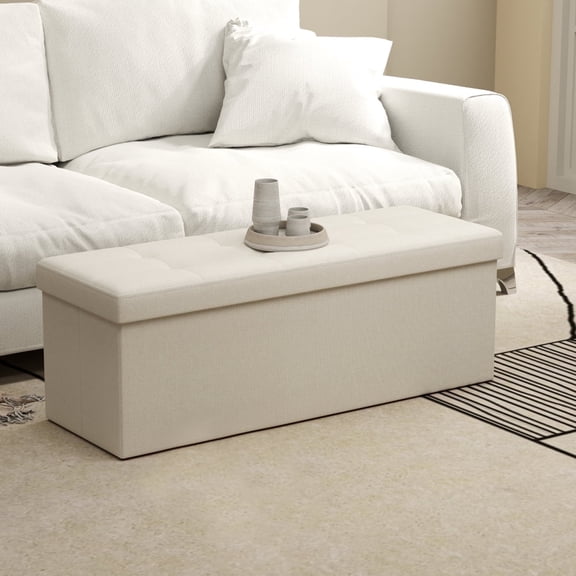LEDREM 43" Folding Storage Ottoman Bench with 660lb Capacity, Ottoman with Storage, Footrest, for Living Room, Bedroom, Off-White