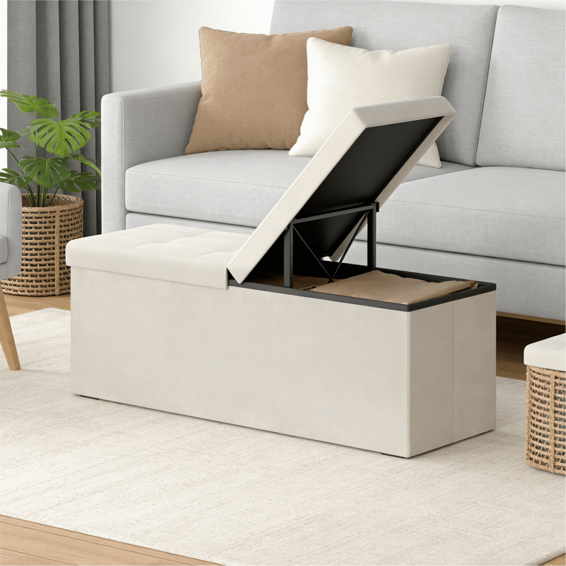 LEDREM 43-Inch Foldable Storage Ottoman Bench with Flipping Lid, Velvet Fabric, 35-Gallon Storage, 660 lb Capacity, Cappuccino Beige