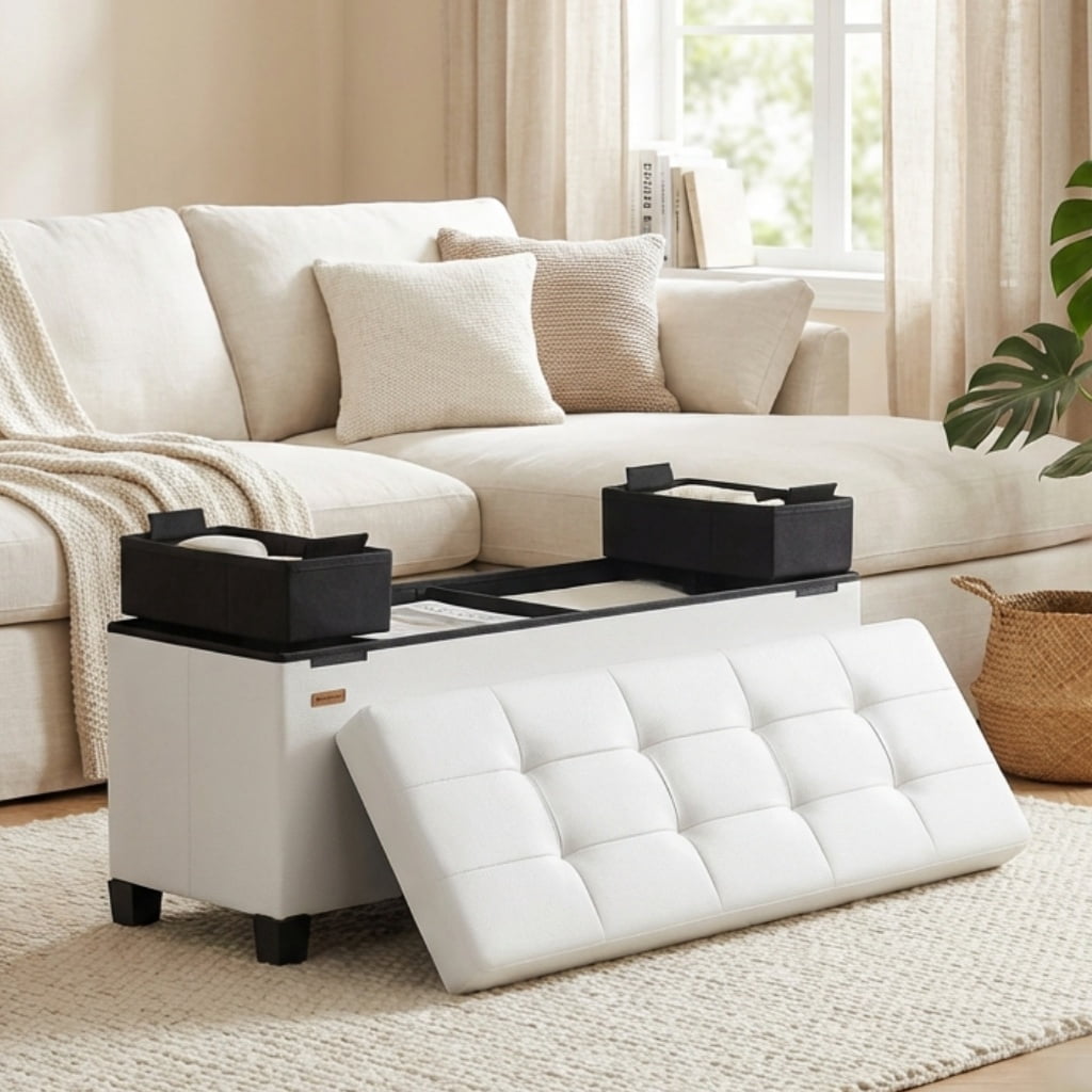 LEDREM 43-Inch Storage Ottoman Bench, 660 lb Capacity Foldable Footrest with 30 Gallon Storage, Synthetic Leather, Cloud White