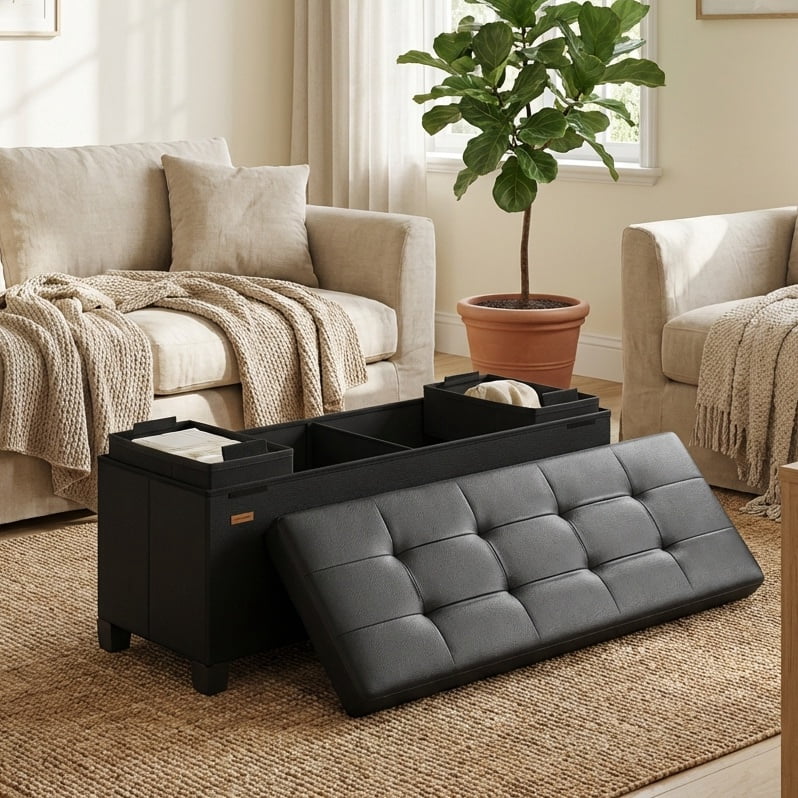 LEDREM 43-Inch Storage Ottoman Bench, 660 lb Capacity Foldable Footrest with 30 Gallon Storage, Synthetic Leather, Ink Black