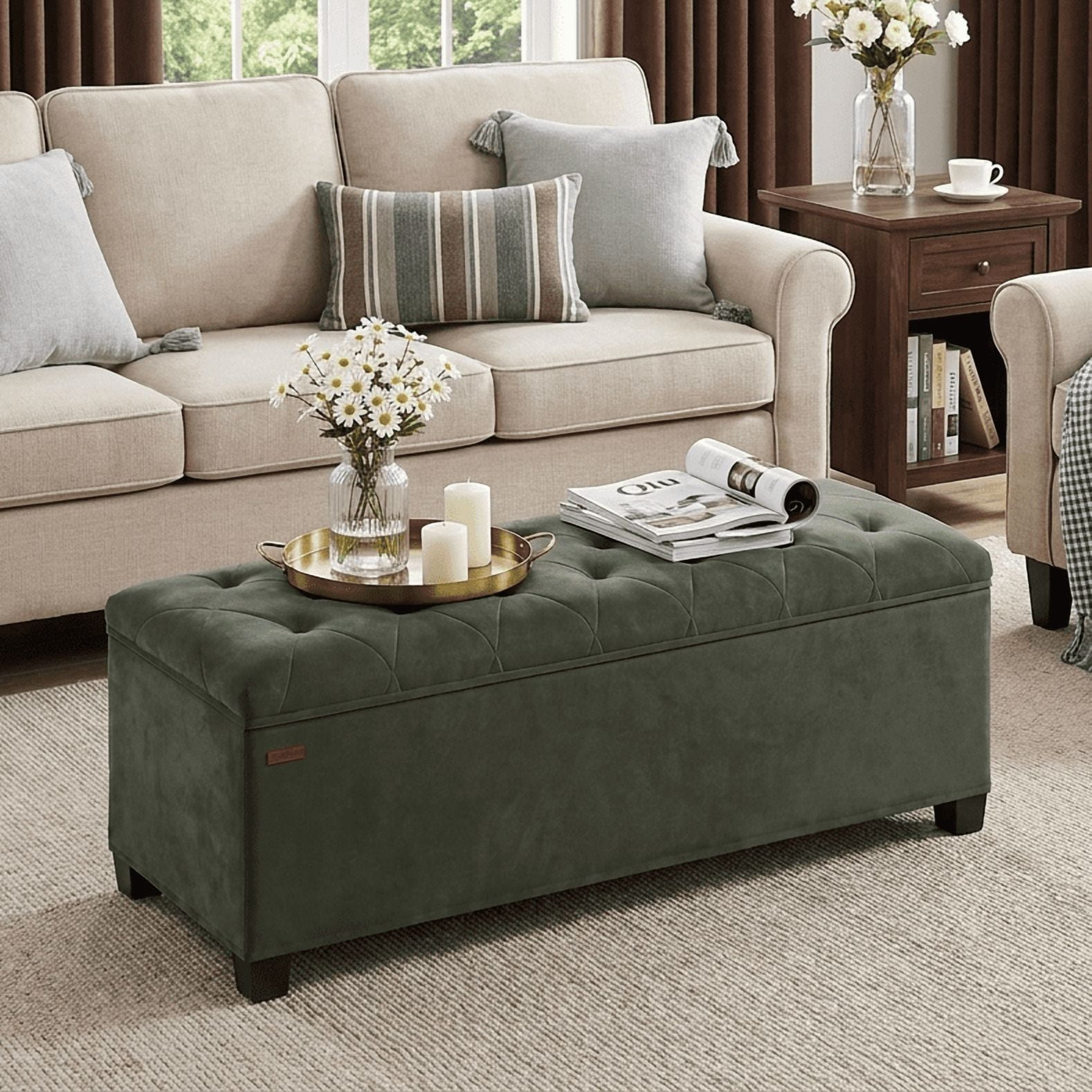 LEDREM 43-Inch Velvet Storage Ottoman Bench with Removable Cover, 660LB Capacity Foot Rest Stool for Living Room Bedroom, Forest Green