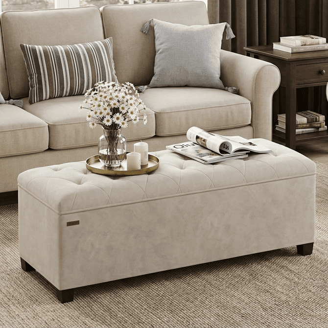 LEDREM 43-Inch Velvet Storage Ottoman Bench with Removable Cover, 660LB Capacity Multi-Functional Footrest for Living Room & Bedroom, Cream White