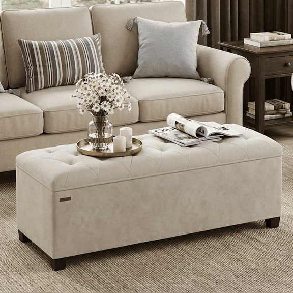 LEDREM 43-Inch Velvet Storage Ottoman Bench with Removable Cover, 660LB Capacity Multi-Functional Footrest for Living Room & Bedroom, Cream White
