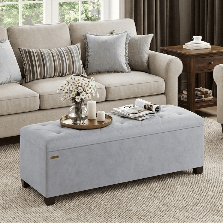 LEDREM 43-Inch Velvet Storage Ottoman Bench with Removable Cover, 660LB Capacity Multi-Functional Footrest for Living Room & Bedroom, Dove Gray